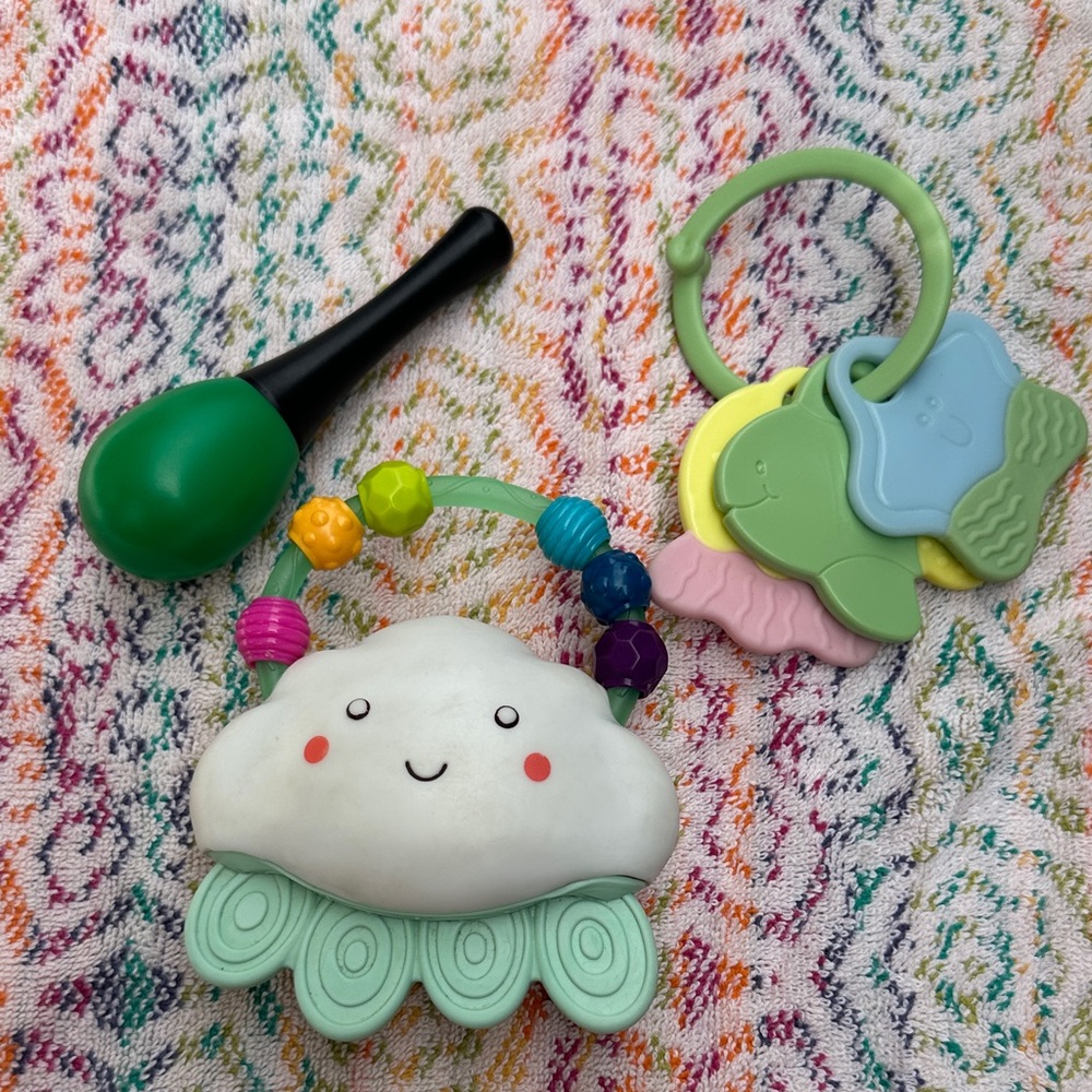 Smiling Cloud Baby Rattle and Teether Set with Green Maraca
